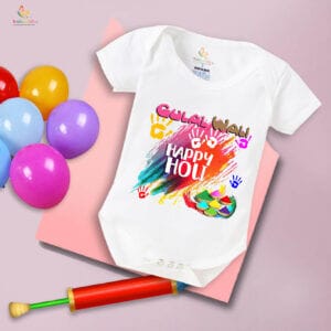 Baby First Holi Romper Clothes Baby holi festival Bodysuits Newborn Outfit Envelop Neck Half Sleeve Unisex Onesies "Gulal Wali Happy Holi"
