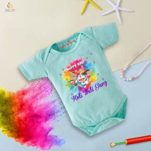 Baby First Holi Romper Clothes Baby holi festival Bodysuits Newborn Outfit Envelop Neck Half Sleeve Unisex Onesies "Happy Holi Cartoon Print"