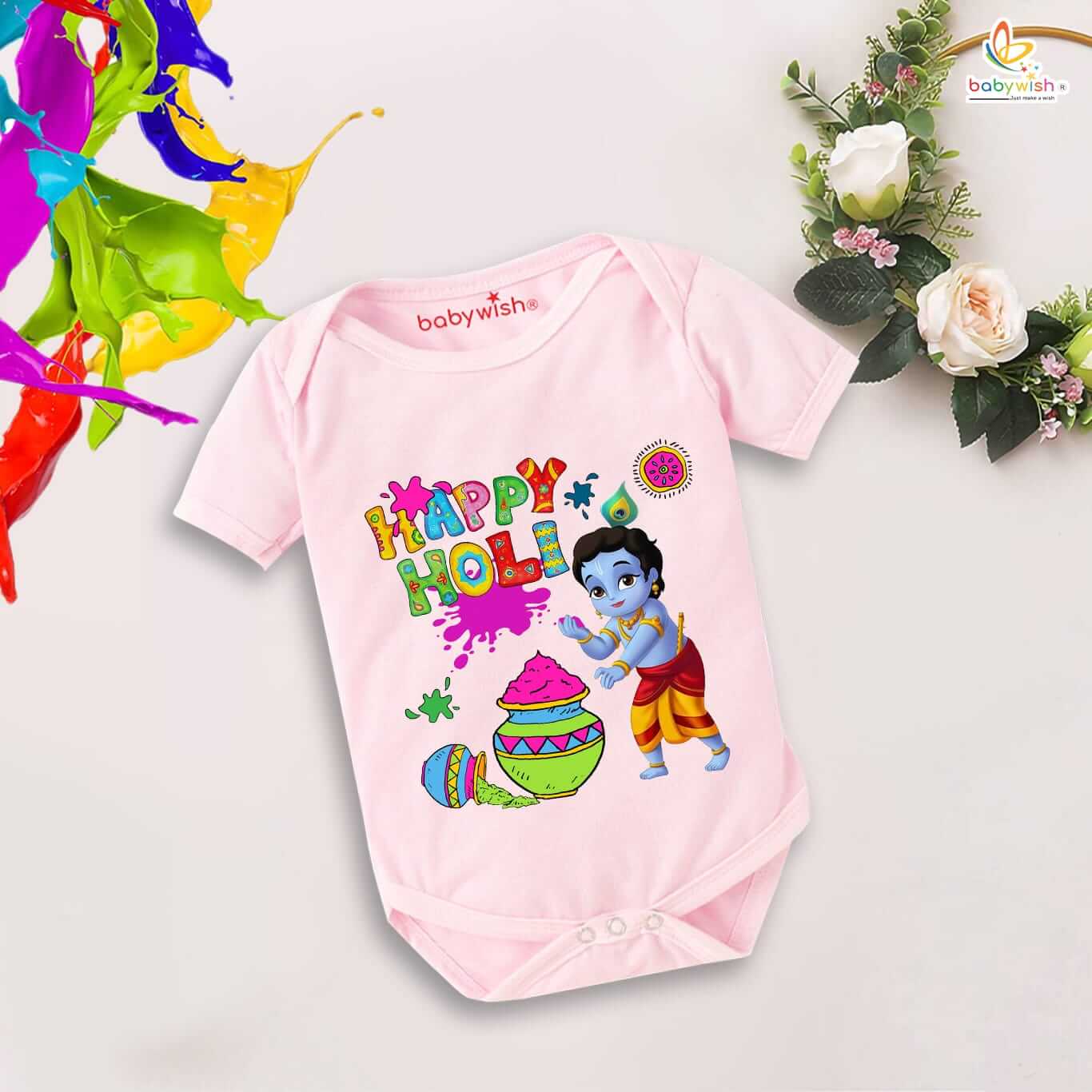Baby First Holi Romper Clothes | Holi Festival Bodysuits | Newborn Outfit | Envelop Neck Half Sleeve Unisex Onesies | “Holi Celebrations with Kanha” Design