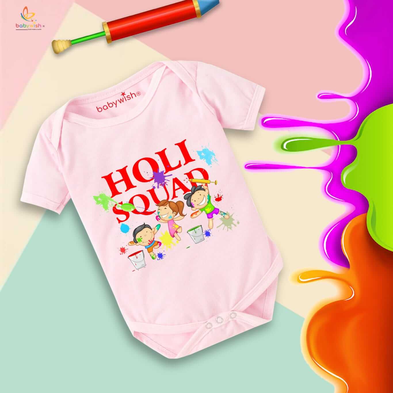 Baby First Holi Romper Clothes | Baby Holi Festival Bodysuits | Newborn Outfit Envelop Neck Half Sleeve Unisex Onesies “Holi Squad Playing Holi”