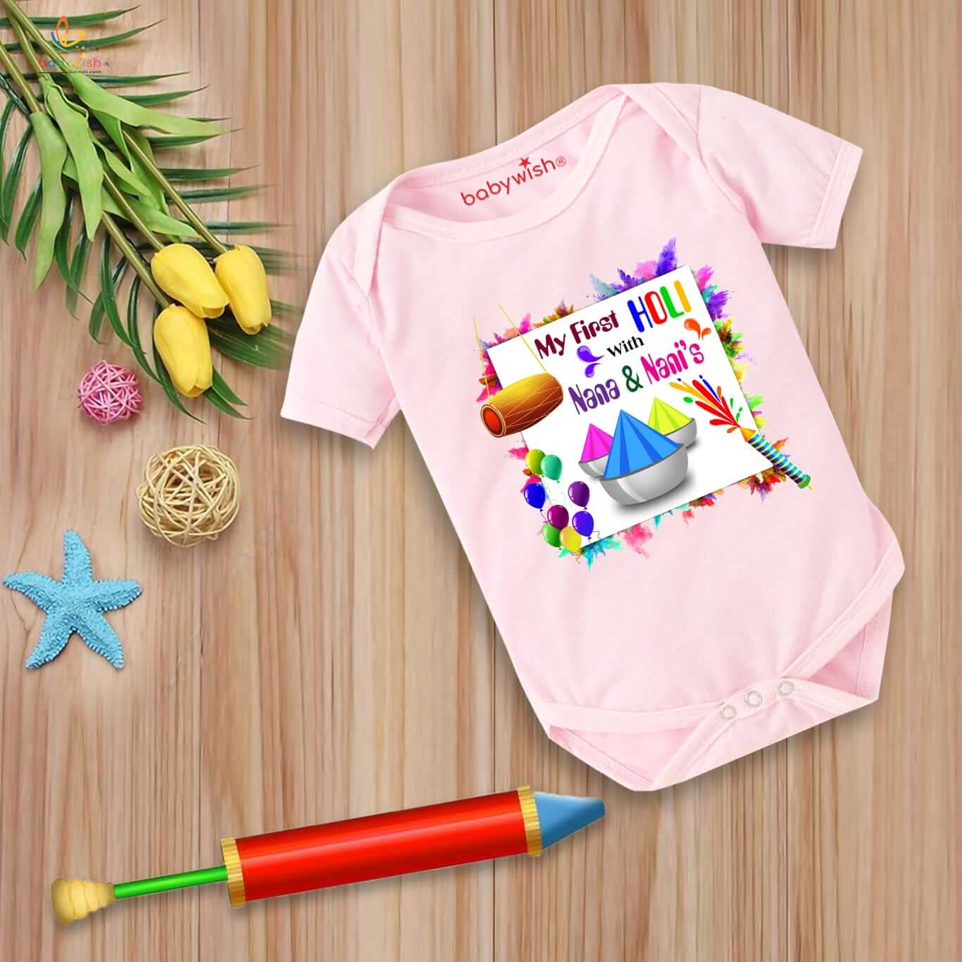 Baby First Holi Romper Clothes | Baby Holi Festival Bodysuits | Newborn Outfit Envelop Neck Half Sleeve Unisex Onesies “Holi With Nani & Nana”