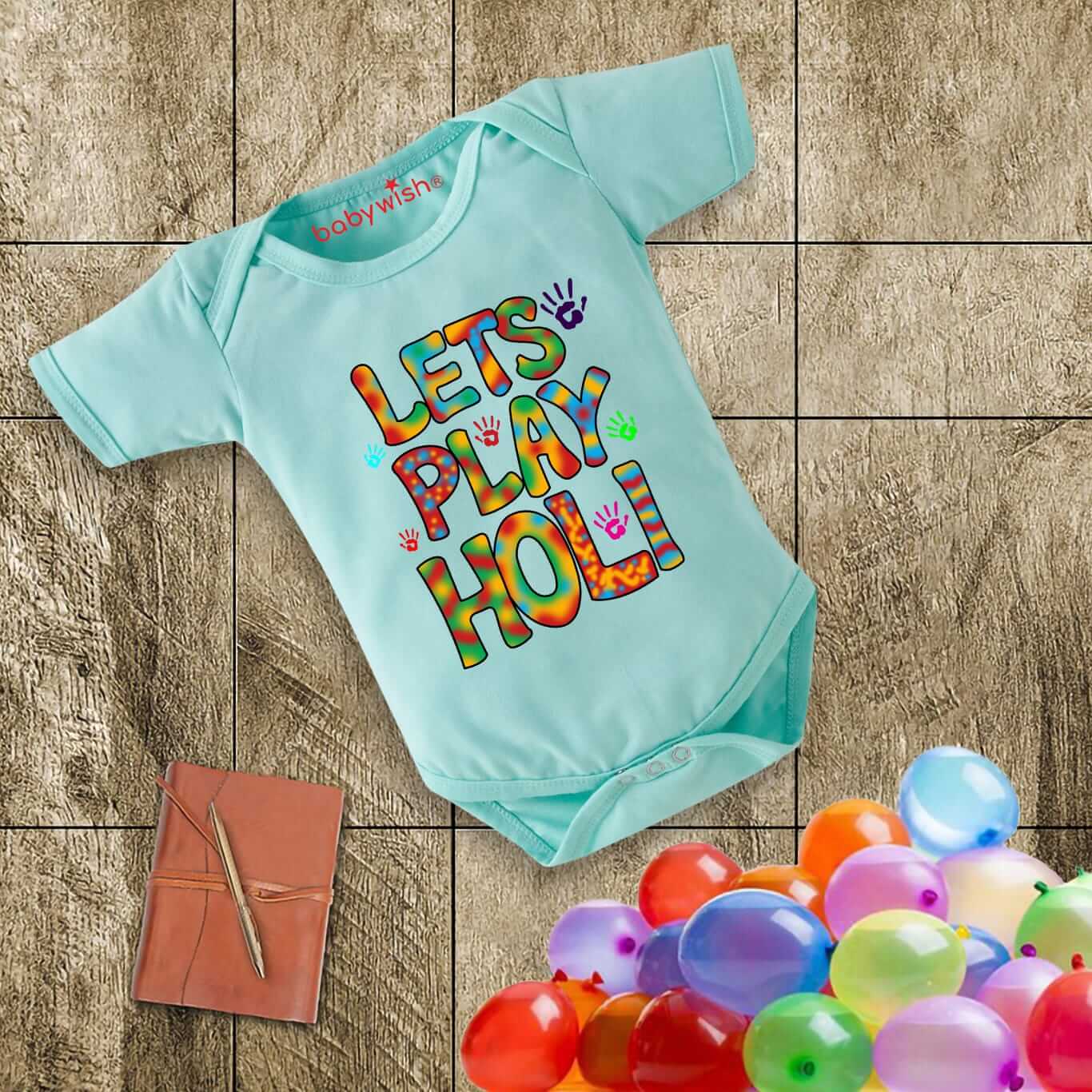Baby First Holi Romper Clothes | Baby Holi Festival Bodysuits | Newborn Outfit Envelop Neck Half Sleeve Unisex Onesies “Lets Play Holi”