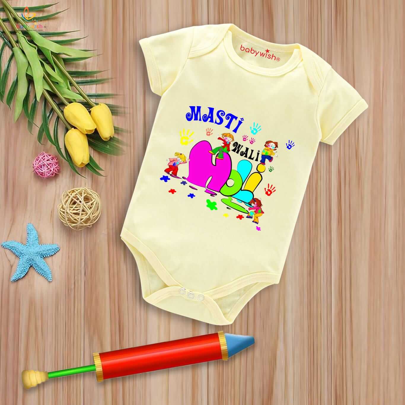 Baby First Holi Romper Clothes | Baby Holi Festival Bodysuits | Newborn Outfit Envelop Neck Half Sleeve Unisex Onesies “Masti Wali Holi”