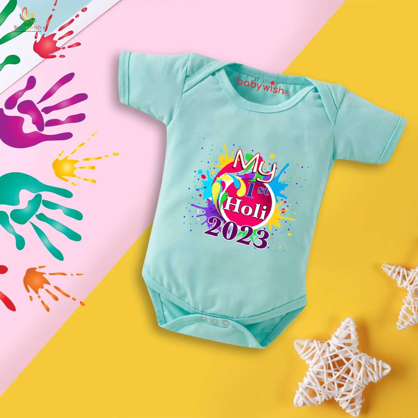 Baby First Holi Romper Clothes | Baby Holi Festival Bodysuits | Newborn Outfit Envelop Neck Half Sleeve Unisex Onesies “My First Holi in 2023”