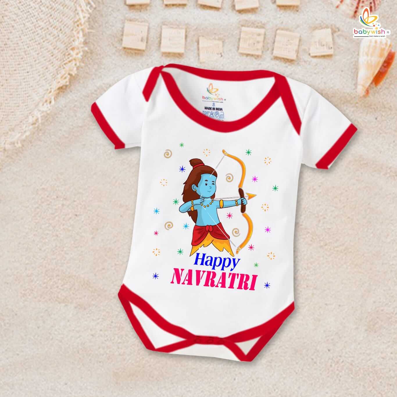 Baby First Ramnavmi Romper | Newborn Happy Navratri Festival Bodysuits | Soft Cotton Unisex Half Sleeve Baby Onesies Outfit | Comfortable Envelope Neck Ram Navmi Clothes for Kids