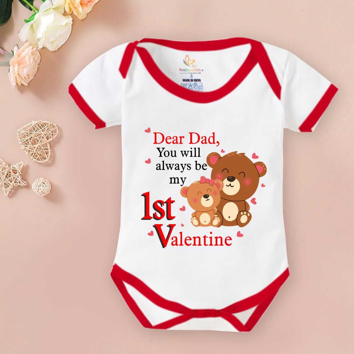 Baby First Valentine Day Romper Clothes | Baby Valentine Bodysuits Newborn Outfit | Envelop Neck Half Sleeve Unisex Onesies "Dear Dad is my First Valentine" Baby Clothes | Babywish