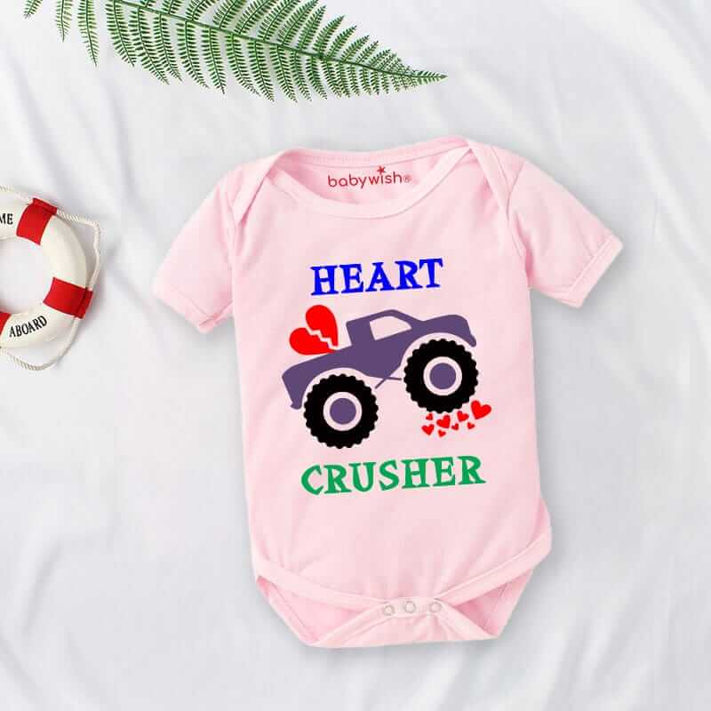 Baby First Valentine Day Romper Clothes | Baby Valentine Bodysuits for Newborn | Cute Outfit Envelop Neck Half Sleeve Unisex Onesies "Heart Crusher" Valentine’s Day Dress for Baby Boys & Girls | Babywish