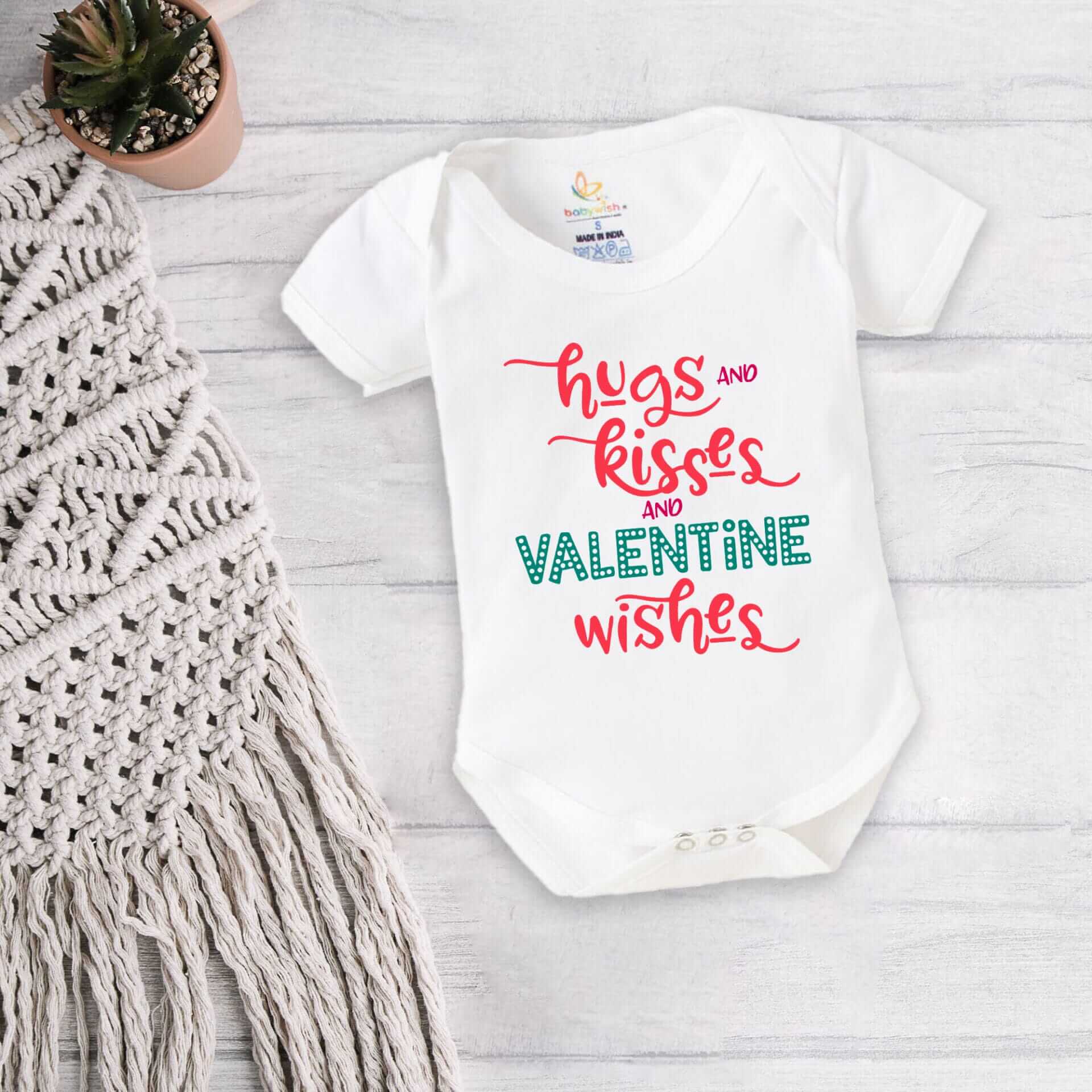 Baby First Valentine Day Romper Clothes | Baby Valentine Bodysuits Newborn Outfit | Envelop Neck Half Sleeve Unisex Onesies "Hugs And Kisses Valentine Wishes" Babywear | Babywish