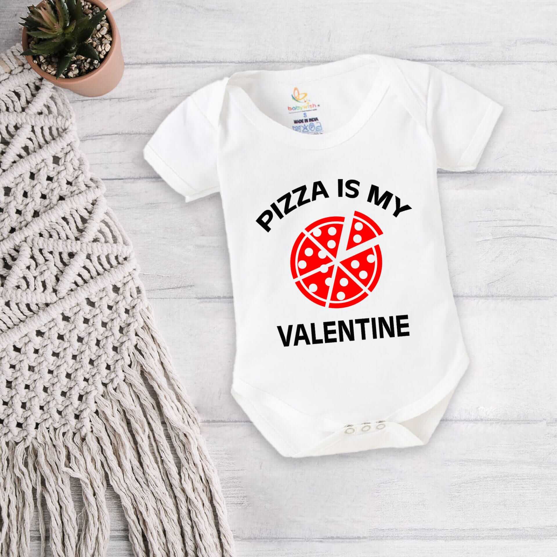 Baby First Valentine Day Romper Clothes | Baby Valentine Bodysuits Newborn Outfit | Envelop Neck Half Sleeve Unisex Onesies "Pizza is my Valentine Day" Baby Clothes | Babywish