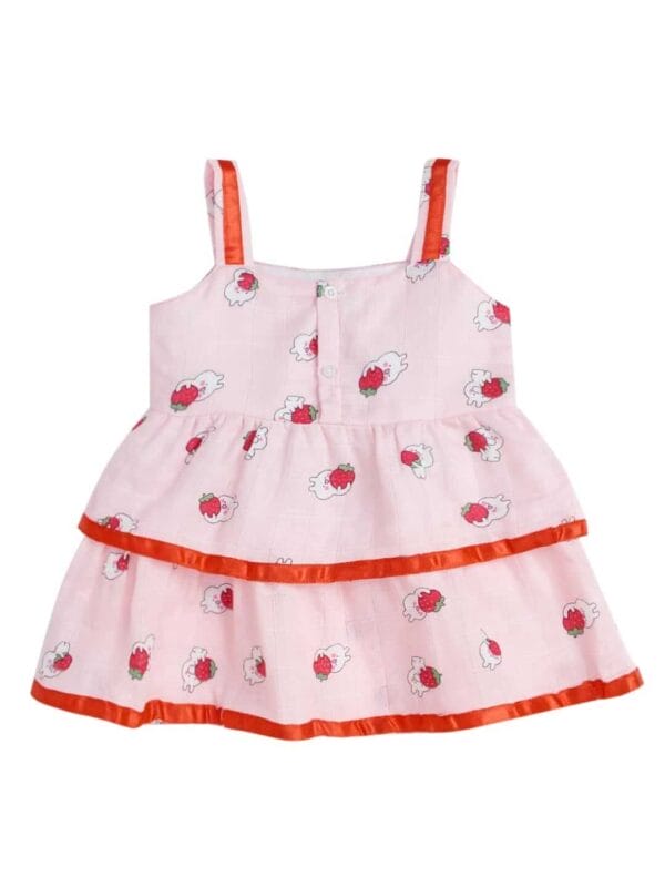 Babywish Baby Girl Organic Muslin Frock Newborn Girl Knee Length Dress Multi Theme Printed Teddy Print Pink - Image 2