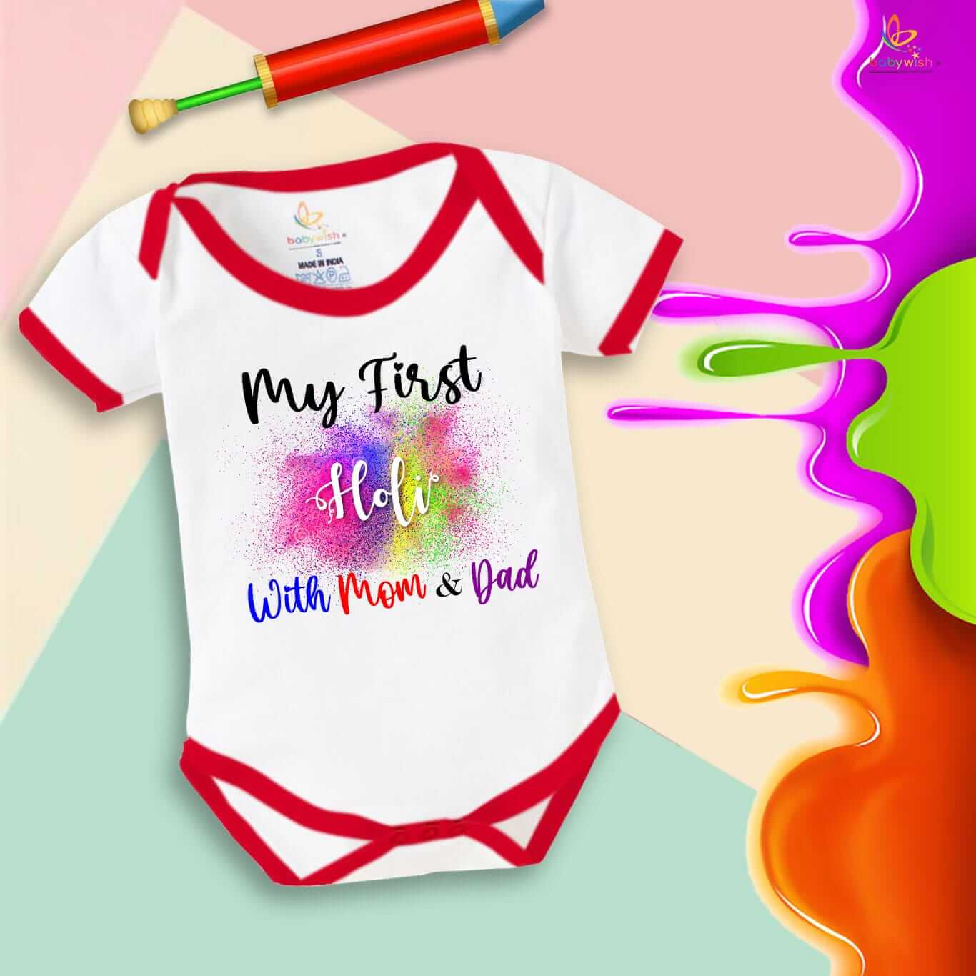 Baby First Holi Romper Clothes | Baby Holi Festival Bodysuits | Newborn Outfit Envelop Neck Half Sleeve Unisex Onesies “My First Holi With Mom & Dad”
