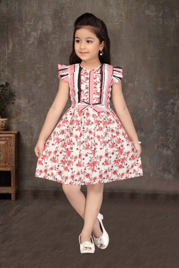 Girl Dress Knee Length Frock Floral Prints Girls Flutter Wings Halfsleeve Dress Girls Cotton Bottom Lace Frock Topwear - Scarlet Rose Print - Image 7