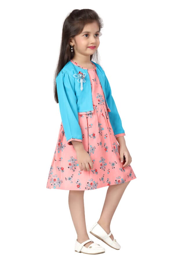 Girl Dress Knee Length Full Sleeve Floral Frock Prints cum with Jacket Girls Wedding Party Dress - Floral Print Jacket Frock - Image 7
