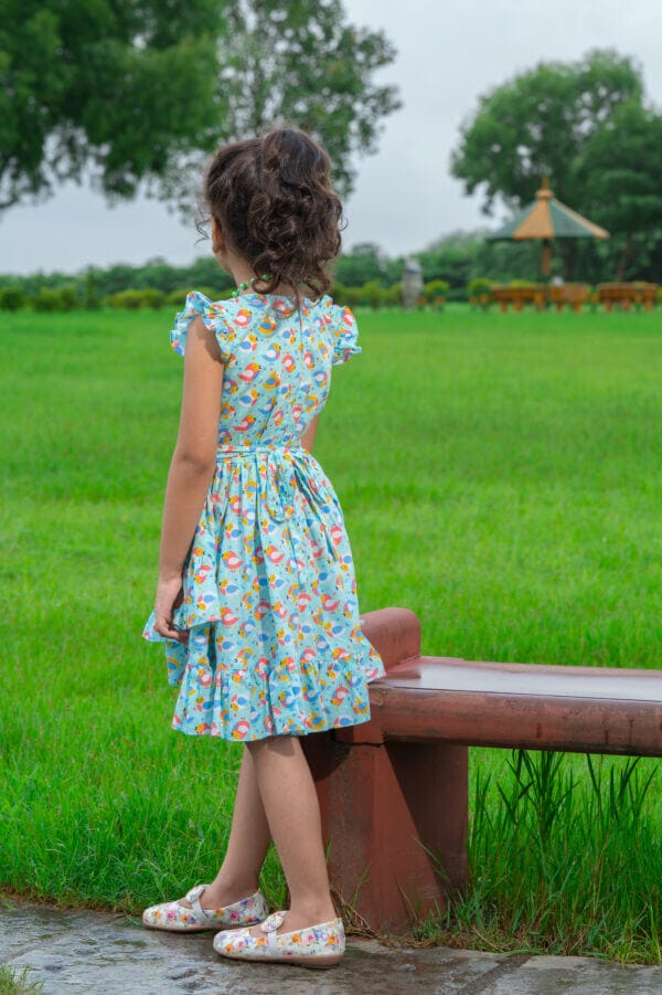 Girl Dress Knee Length Frock Floral Prints Girls Flutter Wings Halfsleeve Dress Girls Cotton Bottom Frock Topwear - Penguin Theme Printed - Image 3