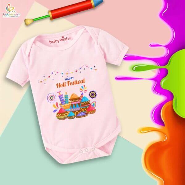 Baby First Holi Romper Clothes Baby holi festival Bodysuits Newborn Outfit Envelop Neck Half Sleeve Unisex Onesies "Happy Holi Festivals Watergun" - Image 3