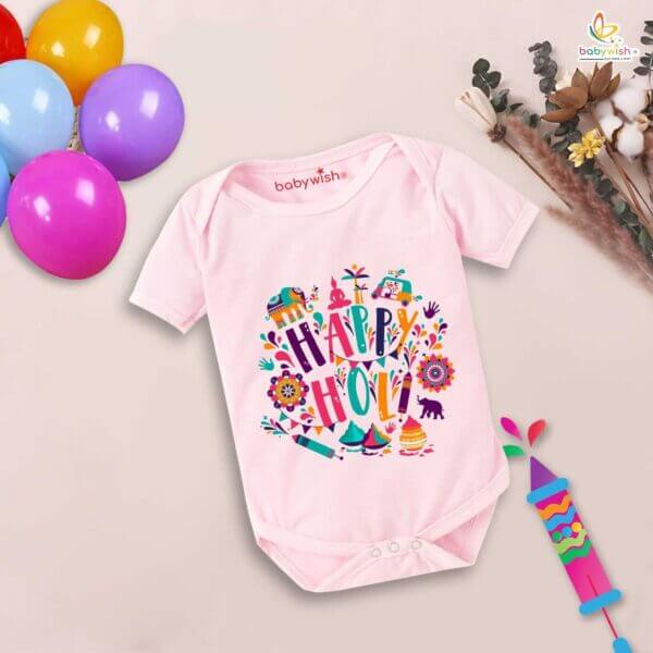 Baby First Holi Romper Clothes Baby holi festival Bodysuits Newborn Outfit Envelop Neck Half Sleeve Unisex Onesies "Happy Holi Jungle Print" - Image 3
