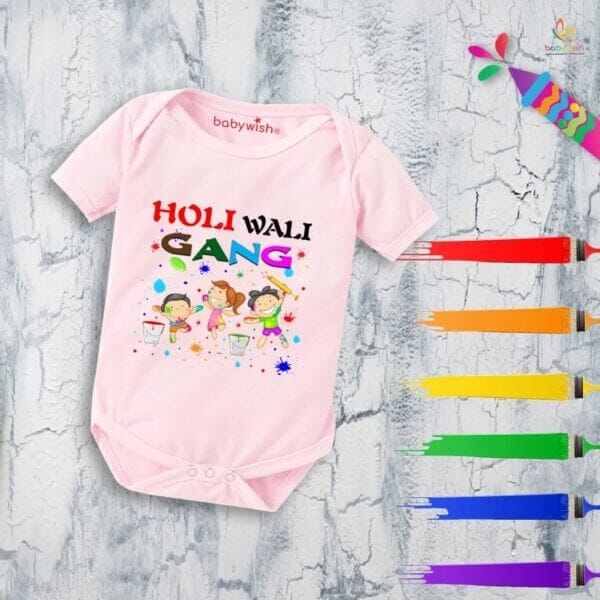 Baby First Holi Romper Clothes Baby holi festival Bodysuits Newborn Outfit Envelop Neck Half Sleeve Unisex Onesies "Holi Wali Gang" - Image 3