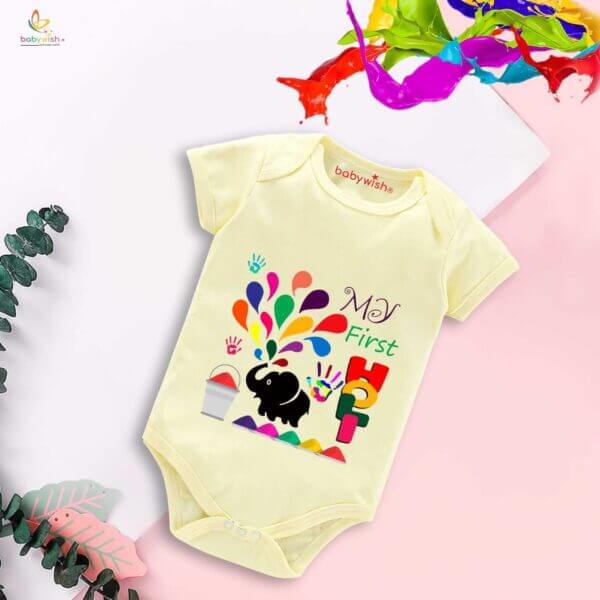 Baby First Holi Romper Clothes Baby holi festival Bodysuits Newborn Outfit Envelop Neck Half Sleeve Unisex Onesies "Elephant Print Holi" - Image 4
