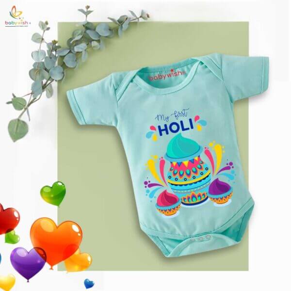 Baby First Holi Romper Clothes Baby holi festival Bodysuits Newborn Outfit Envelop Neck Half Sleeve Unisex Onesies "First Colorful Holi" - Image 4