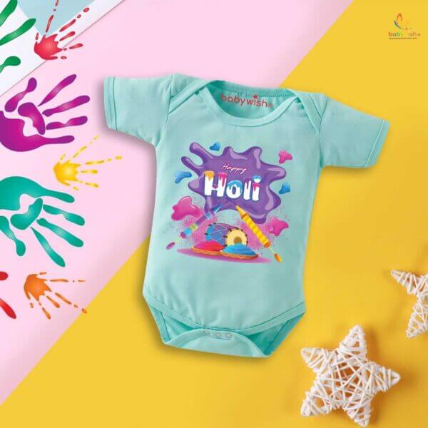 Baby First Holi Romper Clothes Baby holi festival Bodysuits Newborn Outfit Envelop Neck Half Sleeve Unisex Onesies "Flying Holi Color" - Image 4