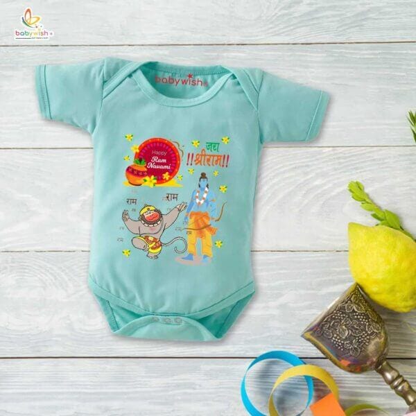 Baby First Ramnavmi Romper Onesies Clothes Baby Navratri festival Bodysuits Newborn Outfit Envelop Neck Half Sleeve Unisex Onesies" Jai Shreeram Printed " - Image 3
