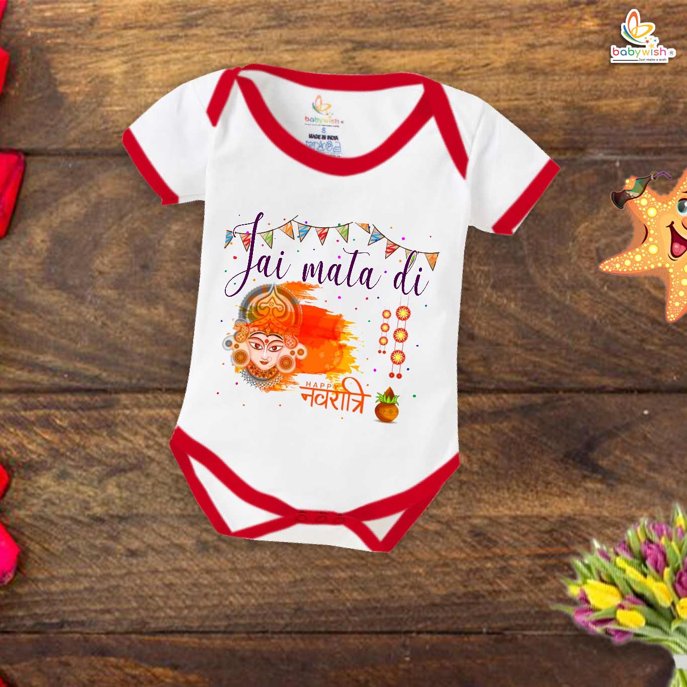 Baby Navratri Romper Bodysuit for Girls, My First Dussehra, Jai Mata Di Print, Durga Pooja Festival Outfit – Babywish