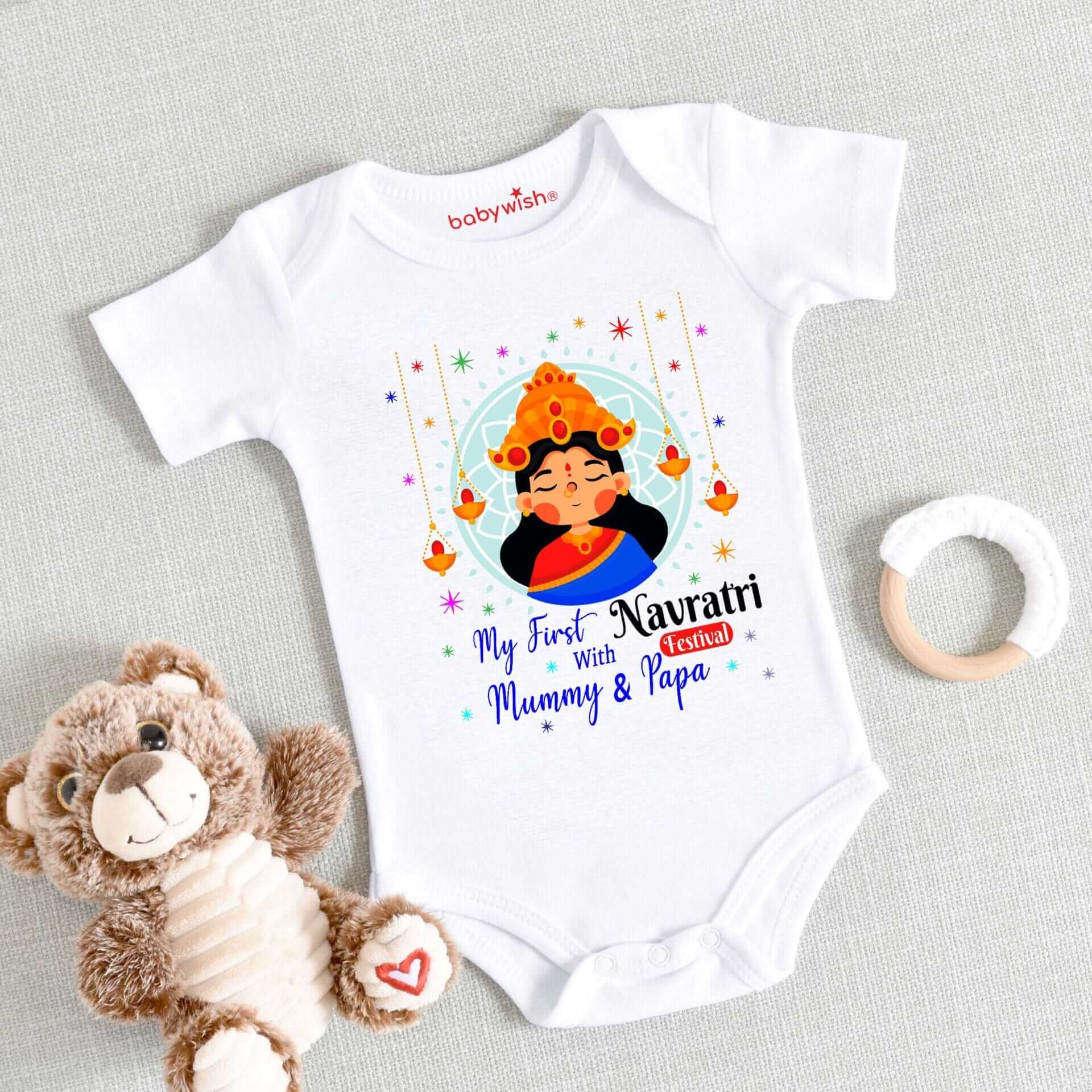 Baby First Ramnavmi Romper | Navratri Printed Newborn Bodysuit | Half Sleeve Unisex Festival Onesies for Infants | Traditional Hindu Baby Outfit