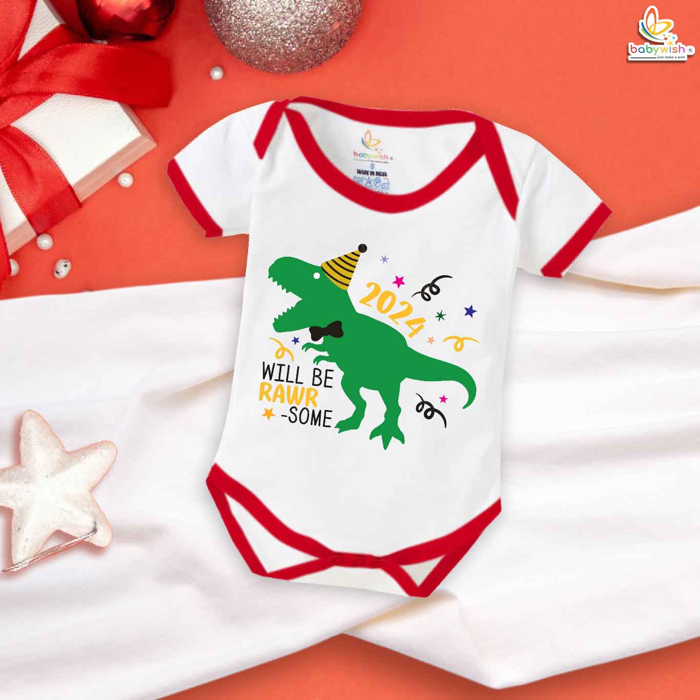 My First New Year Bodysuit for Baby Boys & Girls – “Will Be Rawr Some” Dinosaur Print, Soft Cotton Unisex Romper, Festive Holiday Outfit, Cozy Nightwear & Perfect Gift for Newborns, Infants & Toddlers | Babywish