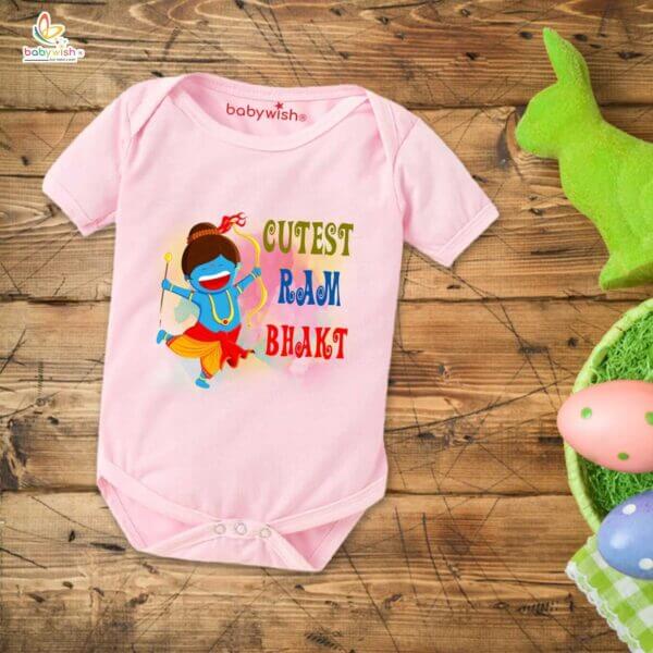 Baby First Ramnavmi Romper Onesies Clothes Baby Navratri festival Bodysuits Newborn Outfit Envelop Neck Half Sleeve Unisex Onesies" Cutest Ram Bhakt " - Image 3