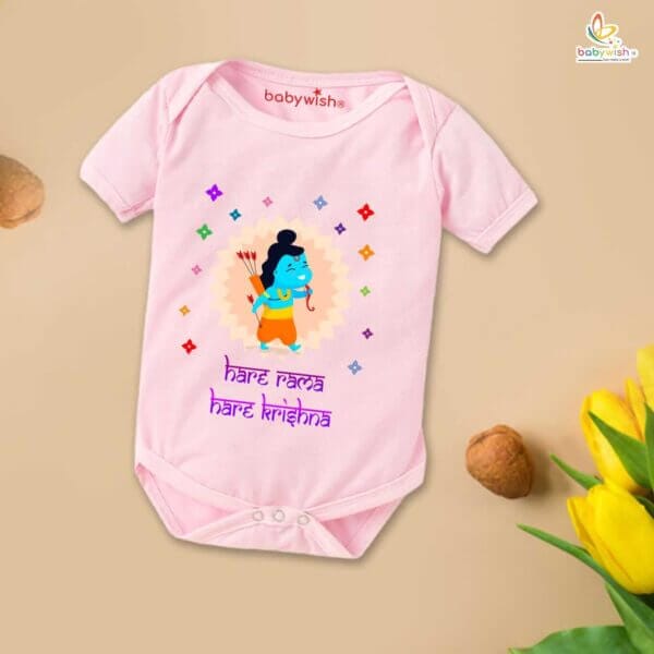 Baby First Ramnavmi Romper Onesies Clothes Baby Navratri festival Bodysuits Newborn Outfit Envelop Neck Half Sleeve Unisex Onesies" Hare Rama Hare Krishna "