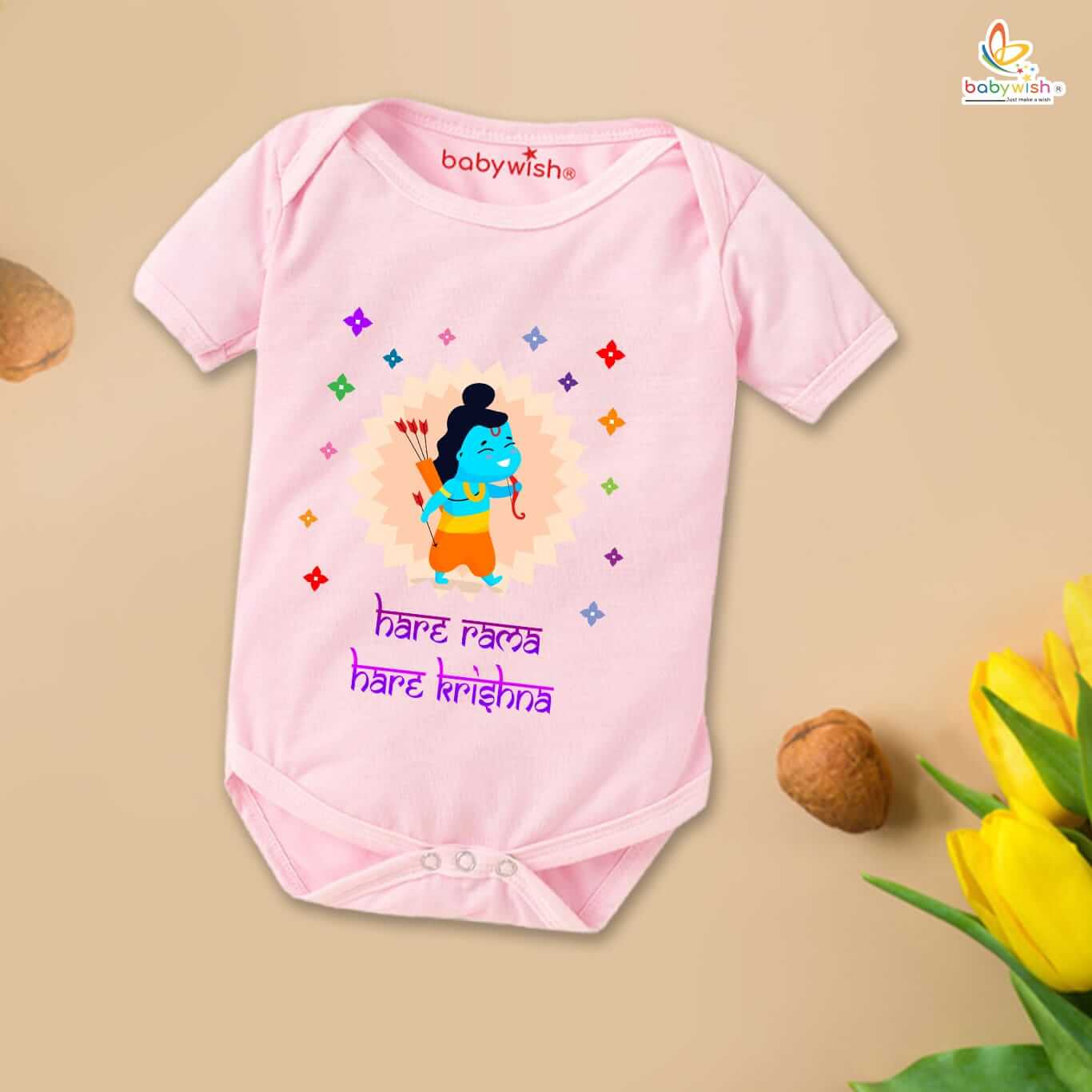 Baby First Ramnavmi Romper | Hare Rama Hare Krishna Printed Baby Romper | Navratri Festival Bodysuits for Newborn | Soft Cotton Half Sleeve Unisex Onesies Outfit with Envelope Neck