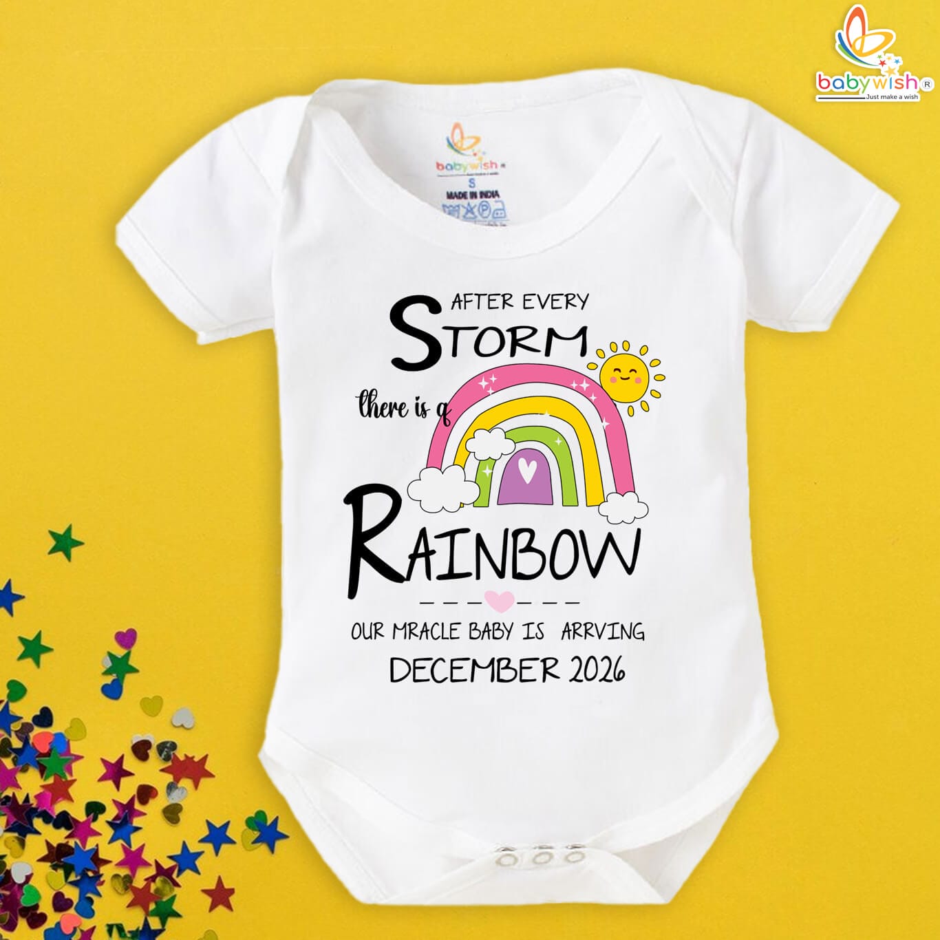After Every Storm There is a Rainbow Baby Romper | Personalized Baby Announcement Bodysuit | Miracle Baby Coming December 2026 | Cute Rainbow Baby Onesie – Babywish