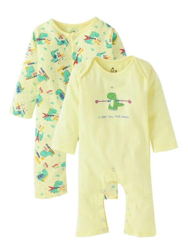 Baby Boy's and Baby Girl’s Bodysuits Cotton Full Sleeve Rompers Onesies for Infant Lemon Dinosour Print Set of 2