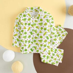 Kids Sleepsuit for Baby Boy’s and Girl’s Topwear and Pajamas Set Long Sleeve Sleepwear Baby Clothing Sets - Green Cactus Print