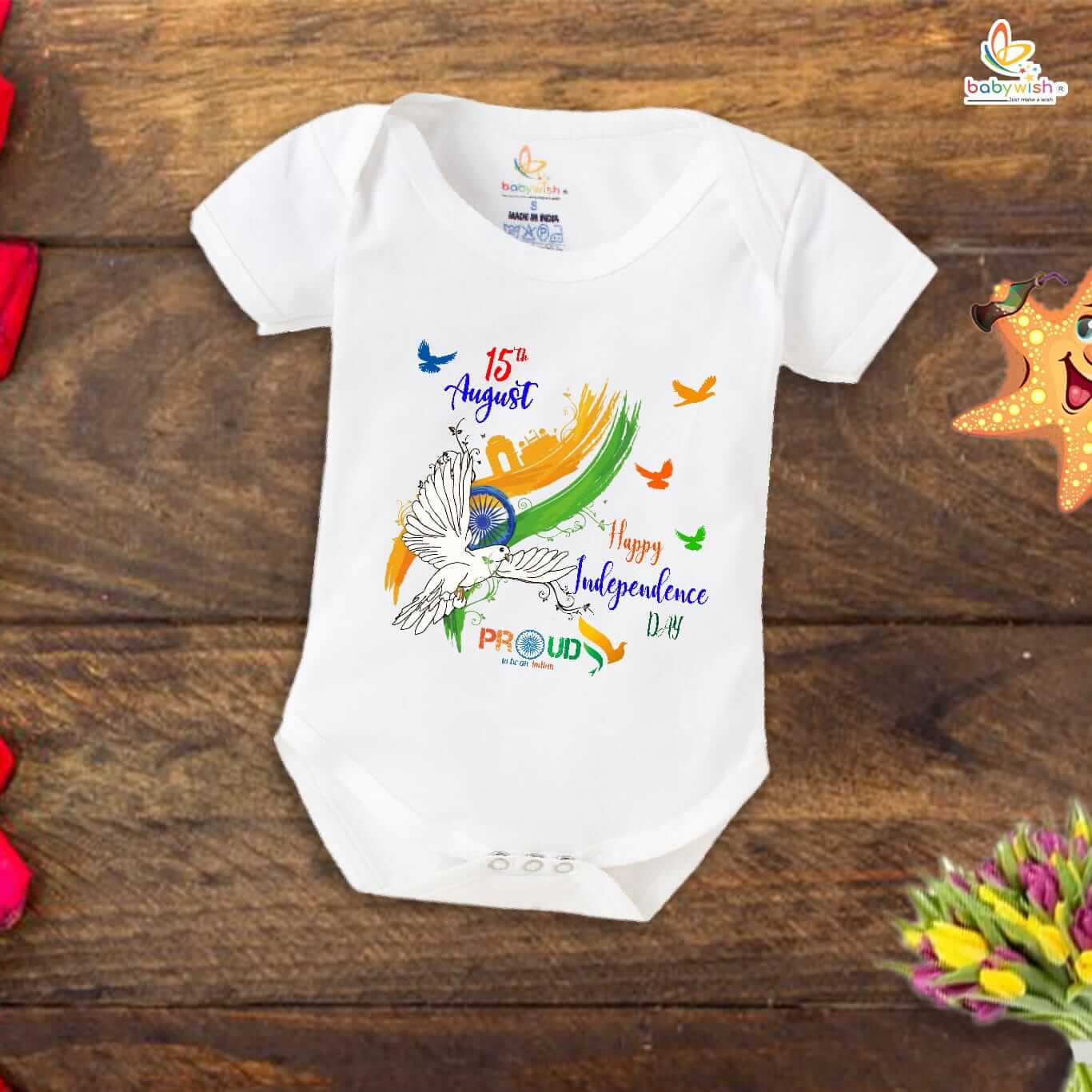 Independence Day Romper for Boys and Girls – 15th August Cotton Half Sleeve Onesie, Patriotic Celebration Party Topwear, Comfy Kids Outfit, Happy Independence Day – Babywish