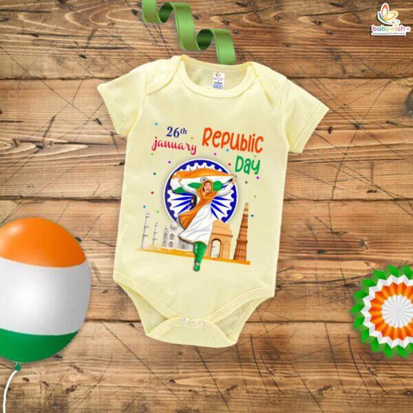 My First Republic Day Romper | 26th January Baby Girl Bodysuit with Indian Flag Print | Patriotic Infant Outfit for Republic Day – Babywish - Image 2