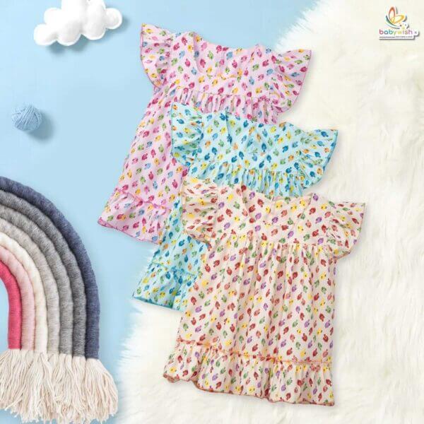 Babywish Baby Girl Cotton Frock Newborn Girl Knee Length Sleeveless Dress Lily Floral Theme Printed