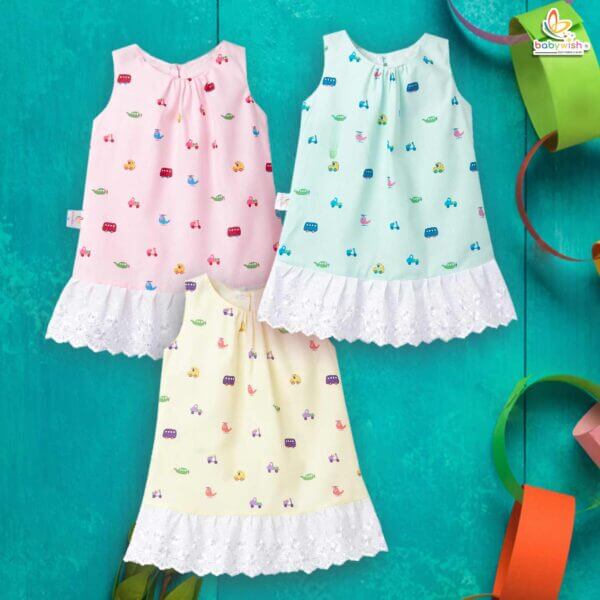 Babywish Baby Girl Cotton Frock Newborn Girl Knee Length Sleeveless Dress Vehicles Theme Printed