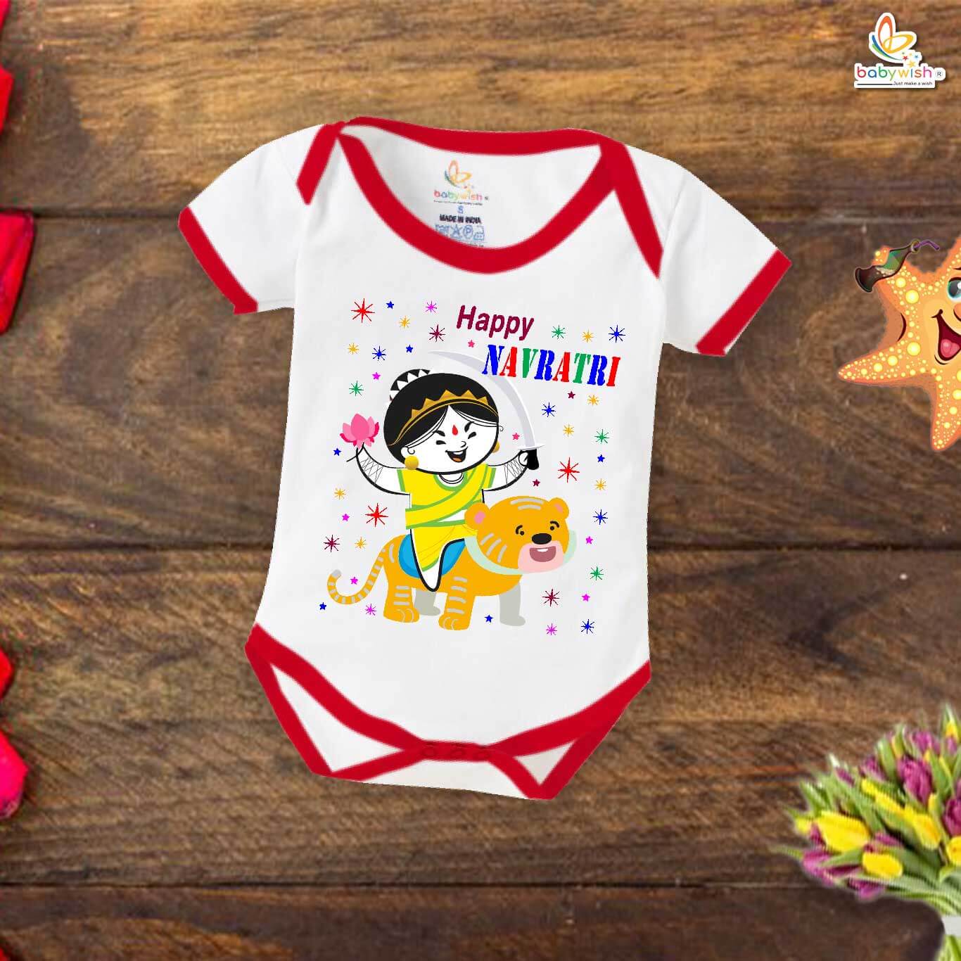 Baby Navratri Romper Bodysuit for Boys and Girls, My First Dussehra Outfit, Happy Navratri Printed Onesie, Soft Cotton Romper for Festive Celebration Babywish