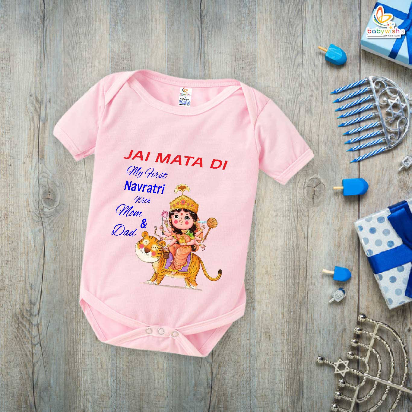 Baby Navratri Romper Bodysuit for Boys and Girls, My First Dussehra Outfit, Jai Mata Di Printed Onesie, Comfortable Cotton Dress for Festive Celebration Babywish