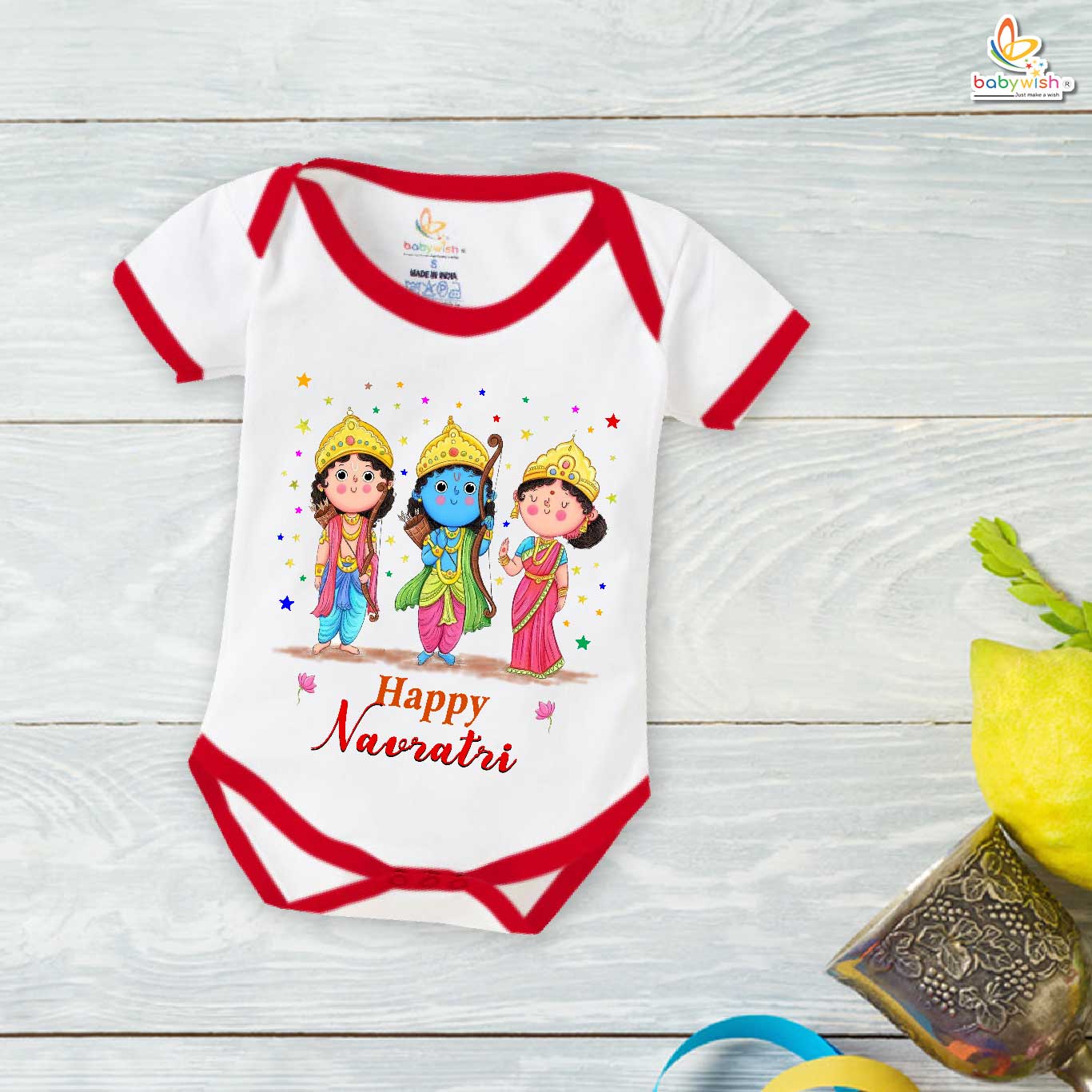 Baby Navratri Romper Bodysuit for Boys and Girls, My First Dussehra Outfit, Happy Navratri Printed Onesie, Comfortable Cotton Romper for Festive Celebration Babywish