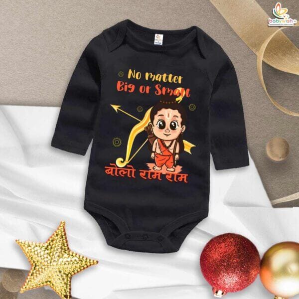 My First Ramnavmi Baby Romper – Full Sleeve Bodysuit “No Matter Big or Small, Bolo Ram Ram” – Traditional Hindu Festival Outfit for Infant Boy or Girl – Babywish - Image 4