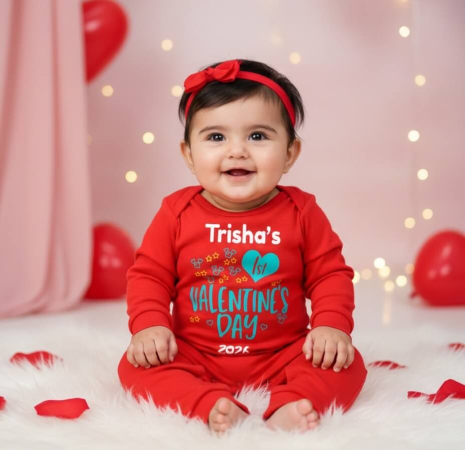Valentine Baby Romper with Cute Heart Print | First Valentine Outfit for Babies | Soft Cotton Full Romper | Babywish