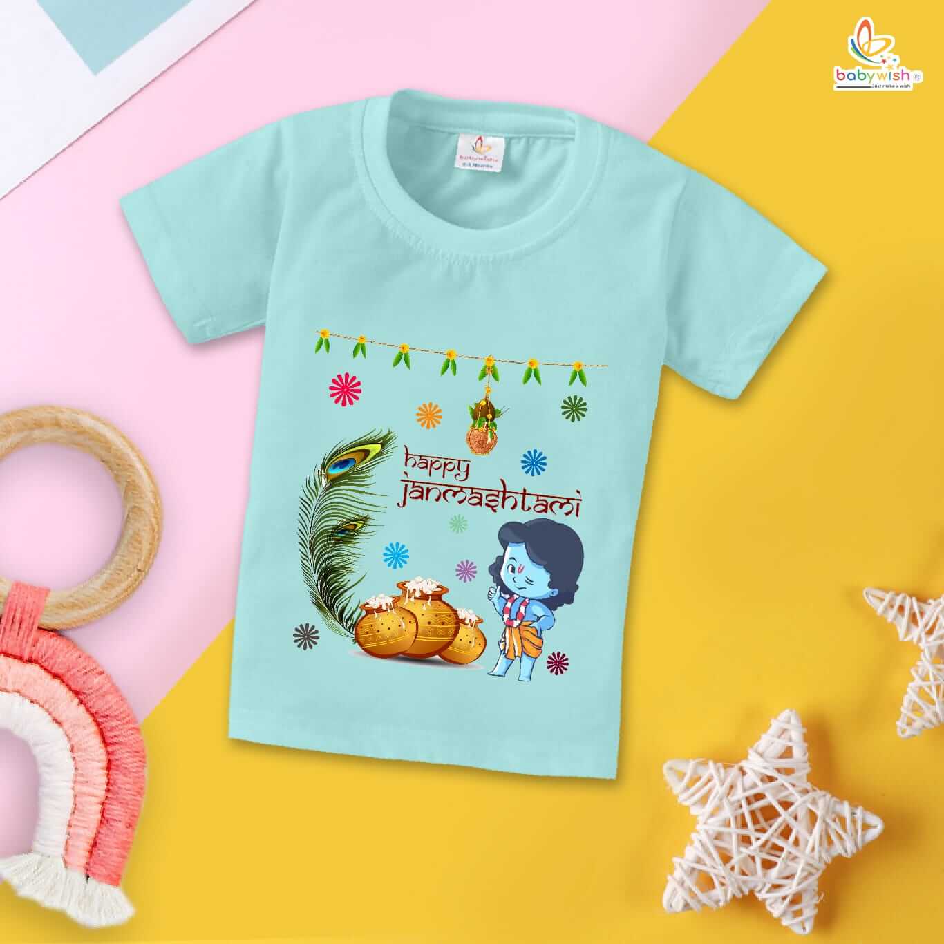Dahi Handi T-Shirt for Boys and Girls, Krishna Janmashtami Celebration Tee, Soft Cotton Half Sleeve Topwear, Happy Krishna Janmashtami Outfit Babywish
