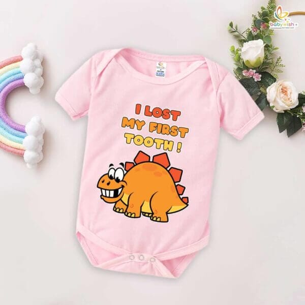 I Lost My First Tooth Baby Romper – Dino Print Milestone Bodysuit for Boys & Girls | Soft Cotton First Tooth Outfit – Babywish - Image 4