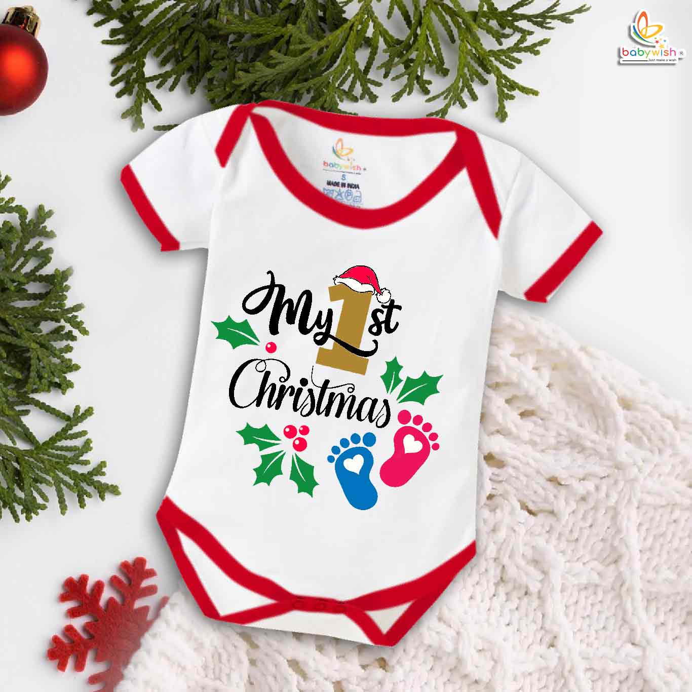 Babywish Christmas Romper Clothes for Babies, My First Merry Christmas Bodysuits, My First Christmas Foot Heart Print Newborn Outfit, Cute Holiday Onesies for Boys & Girls