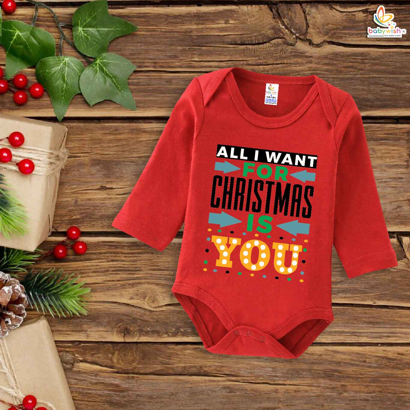 My First Christmas Romper | All I Want for Christmas Is You Print Bodysuit for Baby Boys & Girls | Festive Holiday Outfit – Babywish