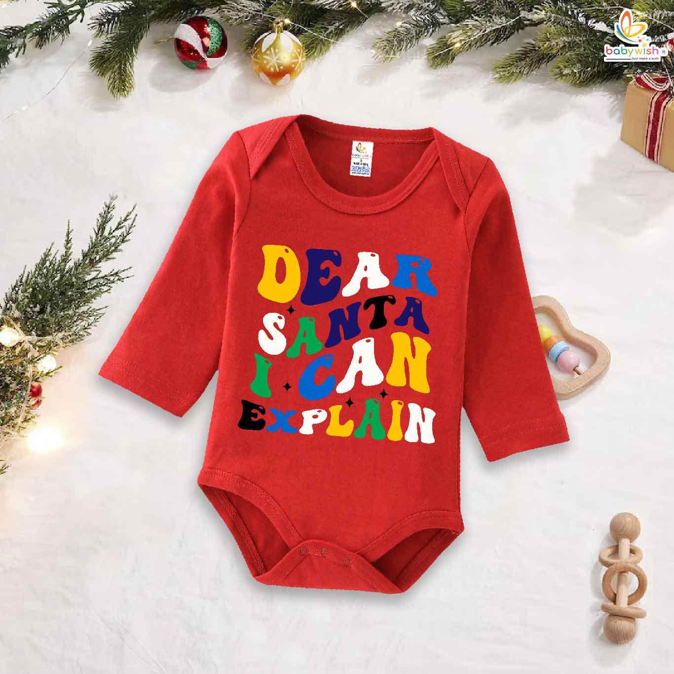 My First Christmas Romper | Dear Santa I Can Explain Print Full Sleeve Bodysuit for Baby Boys & Girls | Funny Holiday Outfit – Babywish