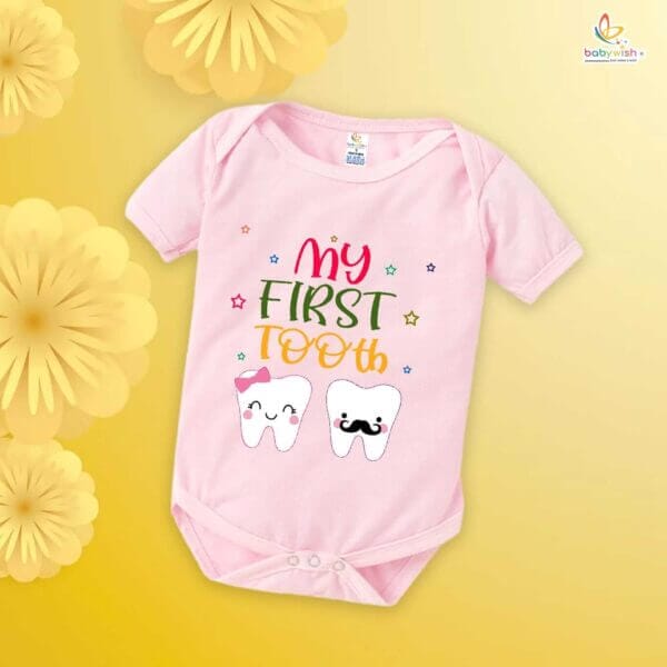 My First Tooth Baby Romper – Milestone Bodysuit with Boy & Girl Tooth Print | Soft Cotton Romper for Newborns & Infants – Babywish - Image 4