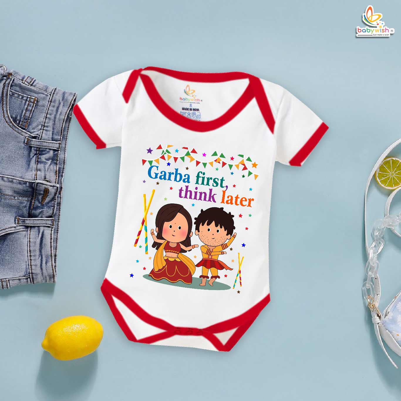 Baby Navratri Romper Bodysuit for Girls, My First Dussehra, Garba First Think Later Print, Festive Outfit – Babywish